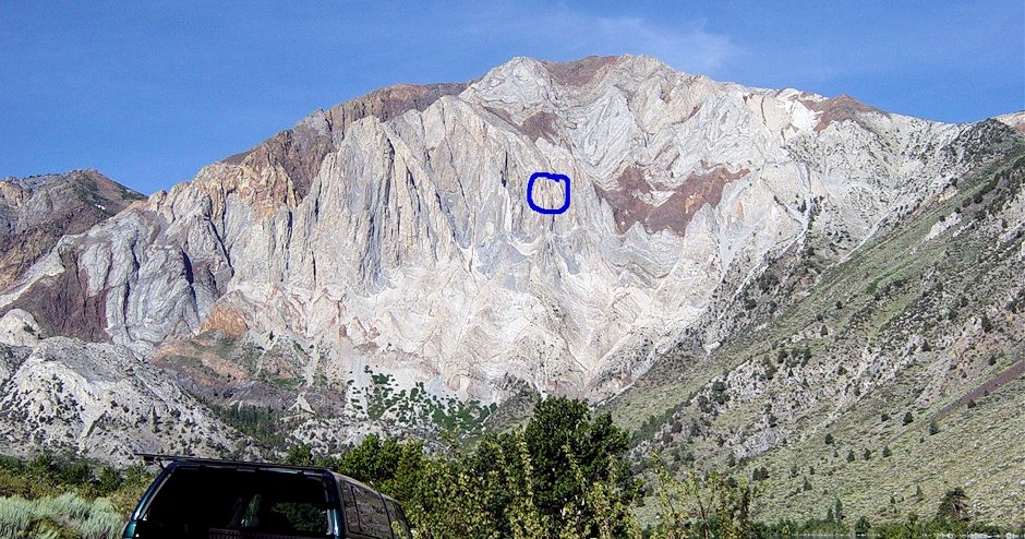Blue circle marks victim's location on Laurel Mountain as seen from Convict Lake