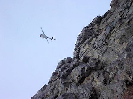 The helicopter is looking for a good place to drop off the Yosemite SAR team