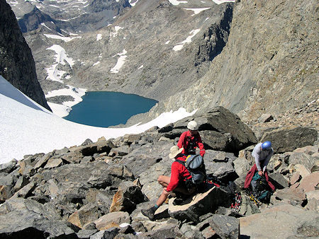 Looking down the northwest side of saddle at Lake Catherine