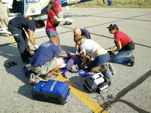 Subject being prepared for flight to hospital