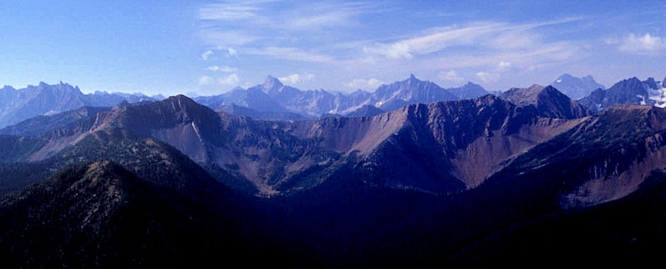 The Needles (left), Tower Mountain (middle left), Golden Horn Mountain (middle right), Black Peak (rear right) from 7,440' Slate Peak near Harts Pass, Washington