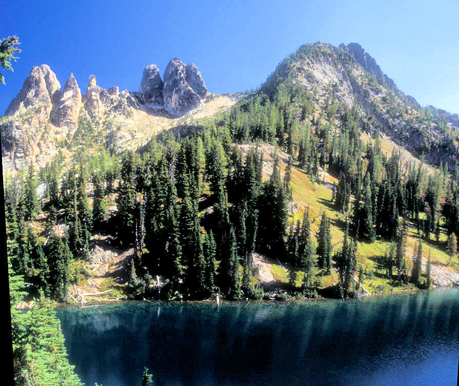 Liberty Bell Mountain (left) and Early Winters Sphires (center) over Blue Lake, North Cascades Highway