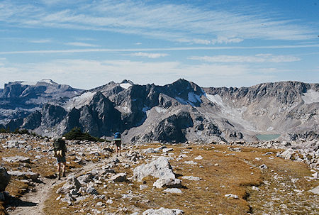 Table Mountain (left), The Wigwams (center left), Petersen Glacierand Mica Lake (right) leaving Paintbrush Divide - Grand Teton National Park 1977