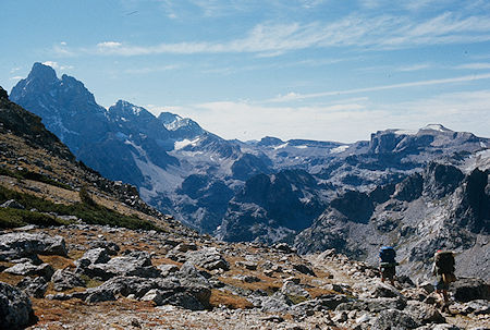 Grand Teton (left), Hurricane Pass, Table Mountain (right) descending from Paintbrush Divide - Grand Teton National Park 1977 Grand Teton (left), Hurricane Pass, Table Mountain (right) descending from Paintbrush Divide - Grand Teton National Park 1977