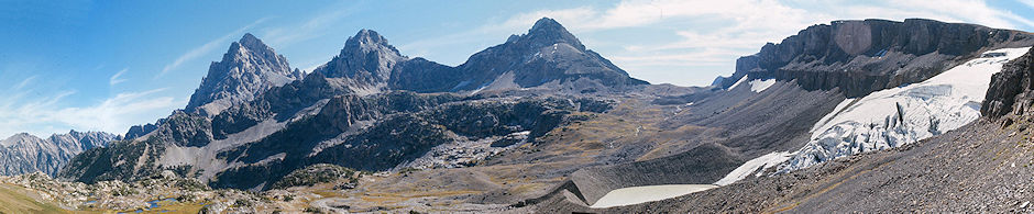 Cascade Creek (left front), Grand Teton (left), Middle Teton (center left), South Teton (center), 'The Wall' (right), Schoolroom Glacier (right front) - Grand Teton National Park 1977