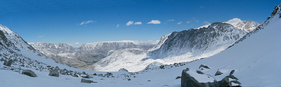 Looking east from Indian Pass into the Indian Reservation - Wind River Range 1977 Looking east from Indian Pass into the Indian Reservation - Wind River Range 1977