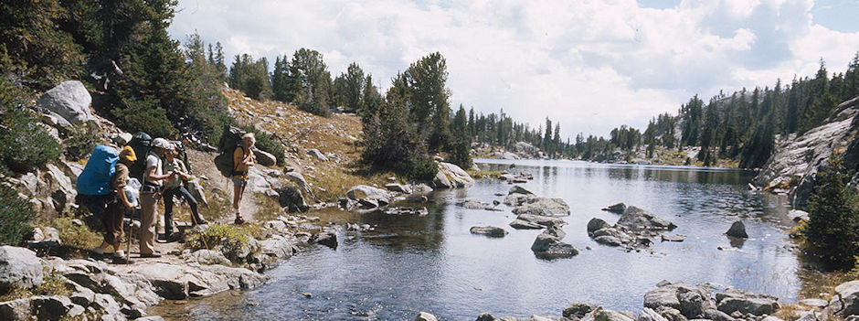 Gil Beilke, Mic Mead, Frank Nickolas and Randy Stevenson take a breather -  Wind River Range 1977